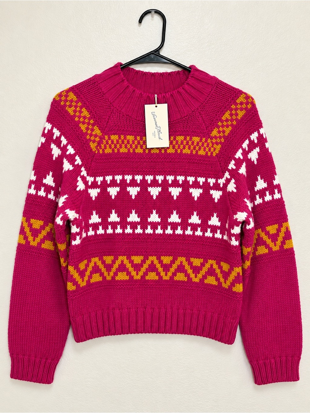 Universal Thread Fuchsia, White & Mustard Patterned Crewneck Sweater